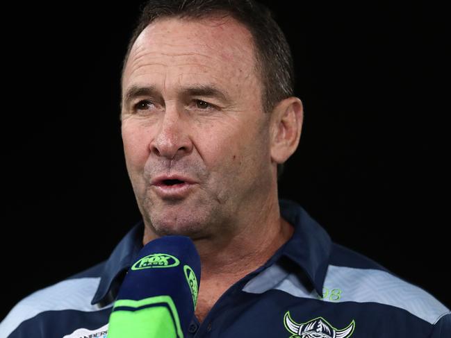 SYDNEY, AUSTRALIA - APRIL 03: Raiders coach Ricky Stuart is interviewed before the round four NRL match between the Gold Coast Titans and the Canberra Raiders at Netstrata Jubilee Stadium, on April 03, 2021, in Sydney, Australia. (Photo by Mark Metcalfe/Getty Images)