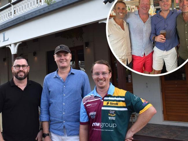 New Heritage Hotel Rockhampton general manager Jamie Boon and Alex Myers (left and right) with co-owner Troy Harry. INSET: Mark Knowles, Nick Gregorski, Troy Harry and Gorden Tallis at the Heritage.