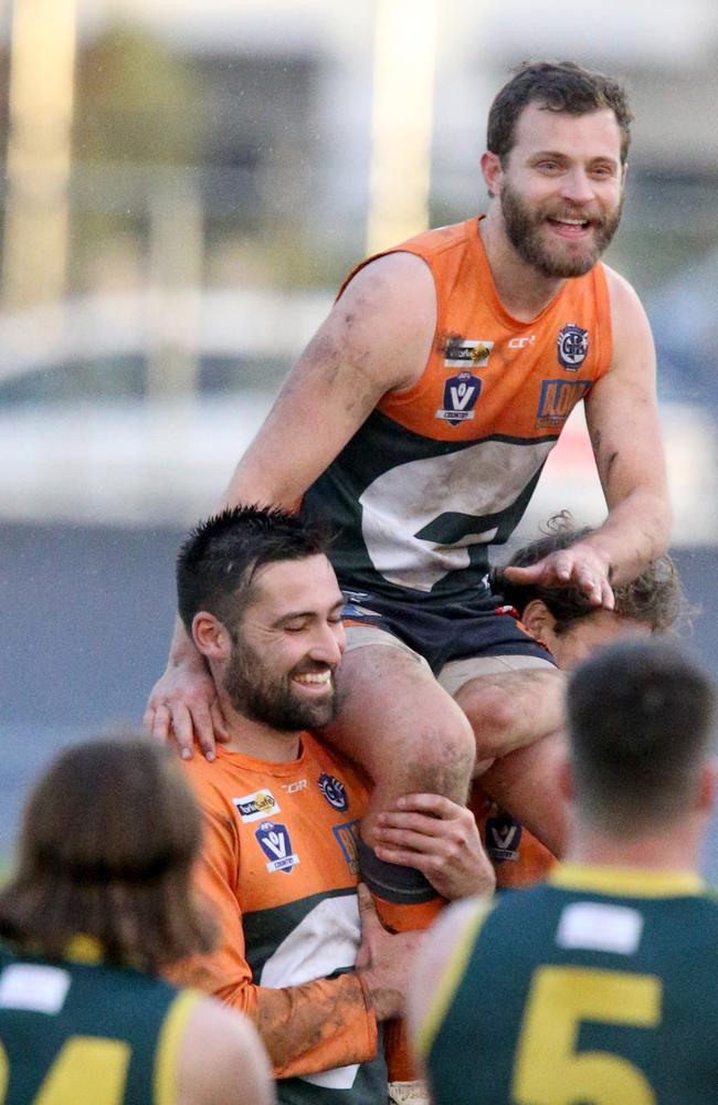 Senior Football GFL: Geelong West v Leopold.Geelong West 200 gamer Scott Frangos is carried off Picture: Mark Wilson