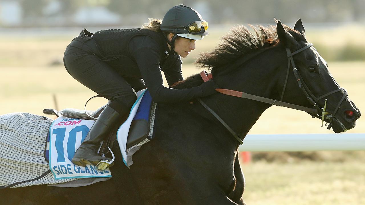 International Horse's trackwork at Werribee Racecourse, The Andrew Balding trained Side Glance with Leanne Masterton on the track. Melbourne. 22nd October 2014. Picture: Colleen Petch.