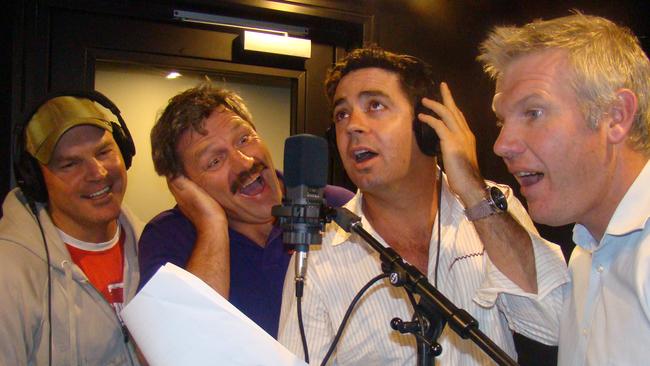 Frawley with the Triple M team — Jason Dunstall (left), Brian Taylor and Garry Lyon.