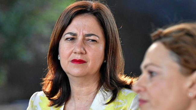 Queensland Premier Annastacia Palaszczuk (left) and Deputy Premier and Treasurer Jackie Trad (right) are seen at the announcement of the major contractors who have been appointed to build the Cross River Rail project in Brisbane, Thursday, April 4, 2019. Picture: DARREN ENGLAND