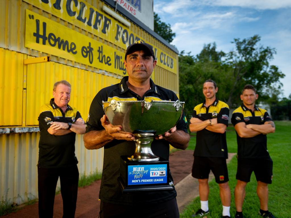 Baksh with the 2020-21 premiership cup at Nightcliff Oval. Photograph: Che Chorley.