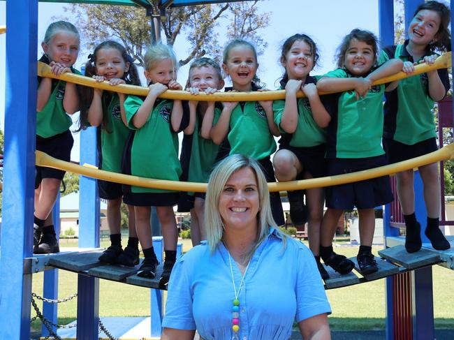 St Patrick's Primary School Nanango students Aria, Sana, Amelia, Ethan, Peyton, Sienna, Olivia, Lily with teacher Miss Gray. St Patrick’s had the best primary results of all schools in the South Burnett, scoring an average of 483.8 this year.