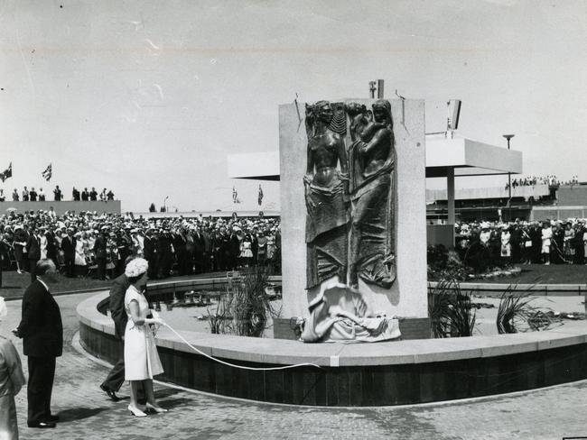 The Queen unveils the marble fountain and sculpture named Fire and Water at Windsor Green, Elizabeth in 1963.