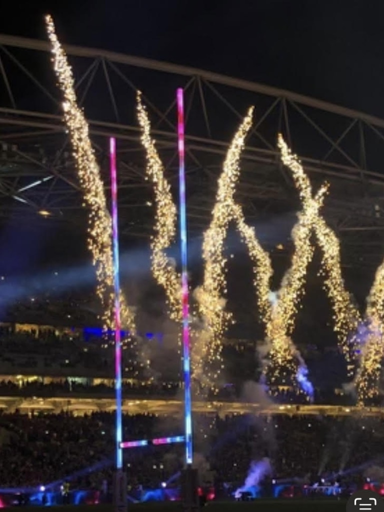 The LED goalpost lit up the stage for the State of Origin opener and are on their way to Perth for Game II. Picture: Supplied.