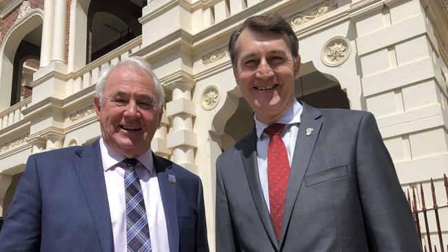 Toowoomba Mayor Paul Antonio with Brisbane Lord Mayor Graham Quirk outside Toowoomba City Hall.