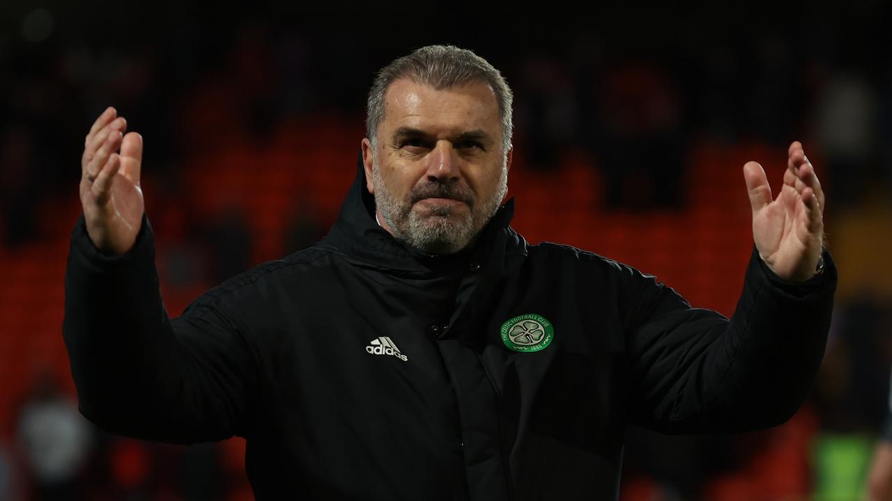 DUNDEE, SCOTLAND - MAY 11: Celtic manager Ange Postecoglou celebrates at full time during the Cinch Scottish Premiership match between Dundee United and Celtic at Tannadice Park on May 11, 2022 in Dundee, Scotland. (Photo by Ian MacNicol/Getty Images)