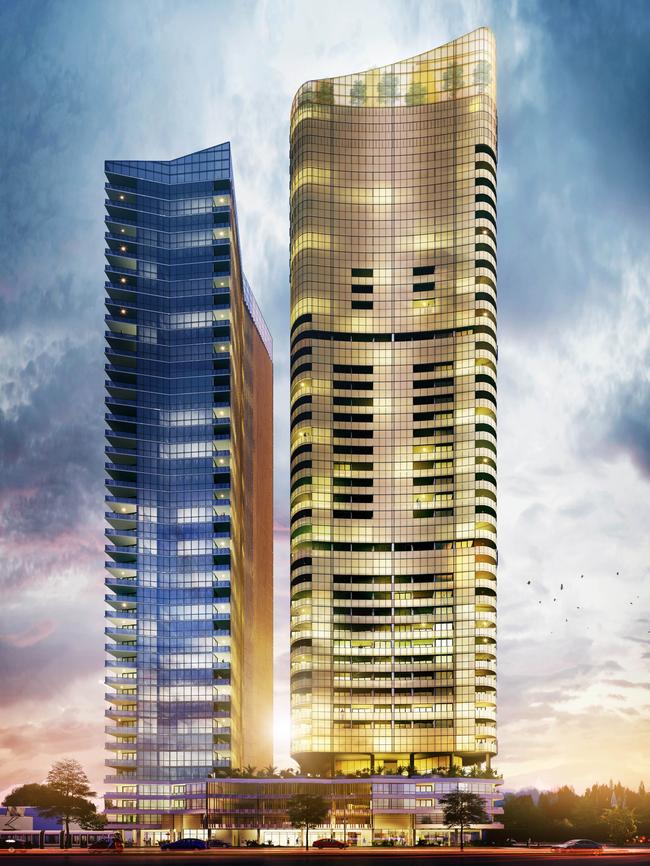 The proposed 46 and 41-level towers to be built near the Florida Gardens light-rail station.