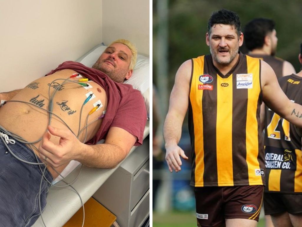 Brendan Fevola in hospital and on the footy field. Photos: Supplied/NewsWire