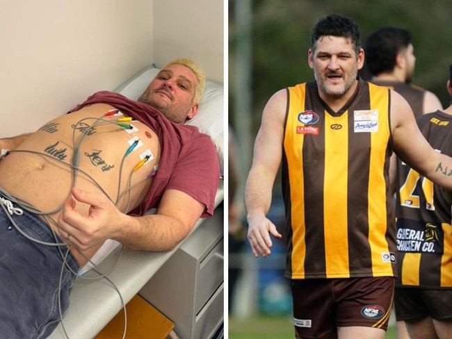 Brendan Fevola in hospital and on the footy field. Photos: Supplied/NewsWire