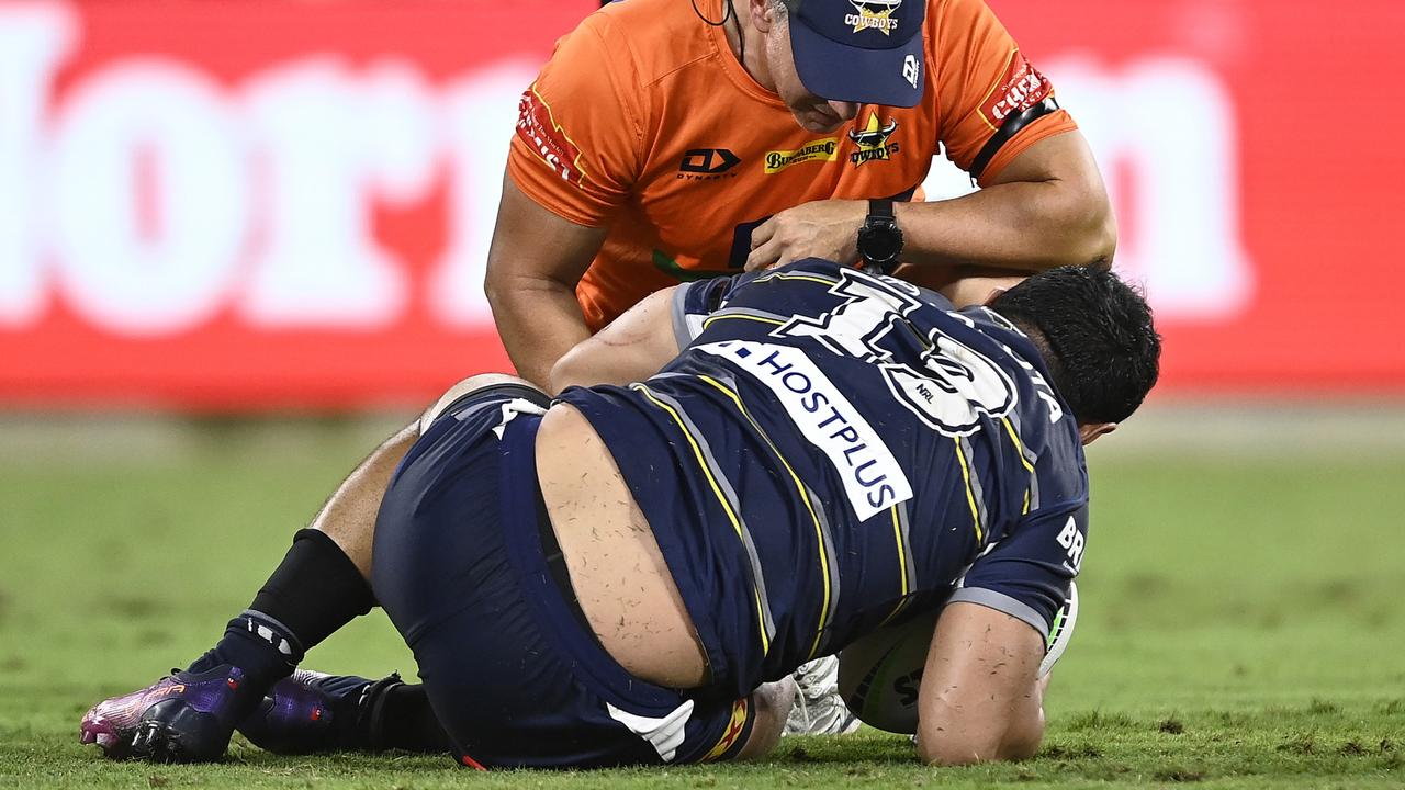 Jason Taumalolo limped off with a knee injury. Picture: Ian Hitchcock/Getty Images