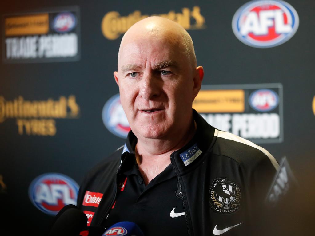 MELBOURNE, AUSTRALIA - OCTOBER 03: Graham Wright, GM of Football of the Magpies speaks with media during The 2022 Continental Tyres AFL Trade Period at Marvel Stadium on October 03, 2022 in Melbourne, Australia. (Photo by Michael Willson/AFL Photos via Getty Images)