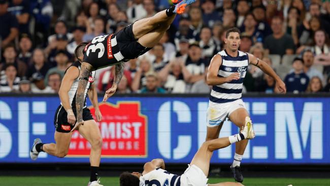 Jeremy Howe injured himself in this marking contest in round 1. Picture: Michael Willson/AFL Photos via Getty Images