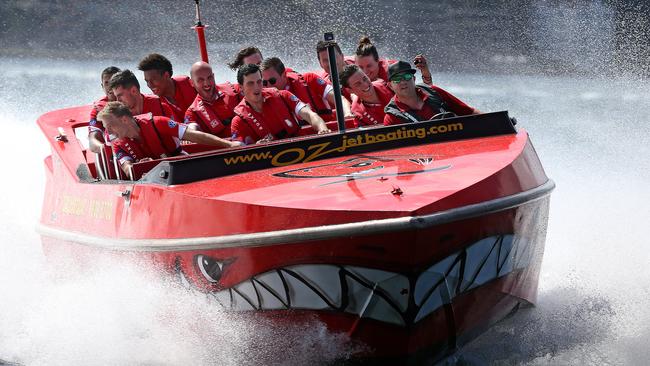 Sydney Swans new recruits enjoy a jet boat ride on Sydney Harbour, getting their first taste of the city ahead of pre-season. Picture: Toby Zerna