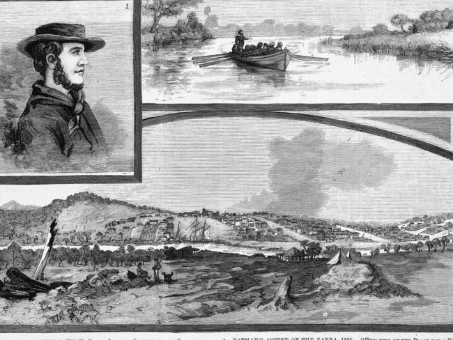 John Batman, his arrival on the Yarra, and view of Melbourne in 1839, the year he died. Picture: State Library Victoria.