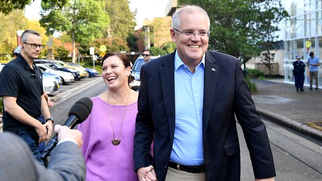 Scott and Jenny Morrison arrive at the Horizon Church in Sutherland today. Picture: AAP.