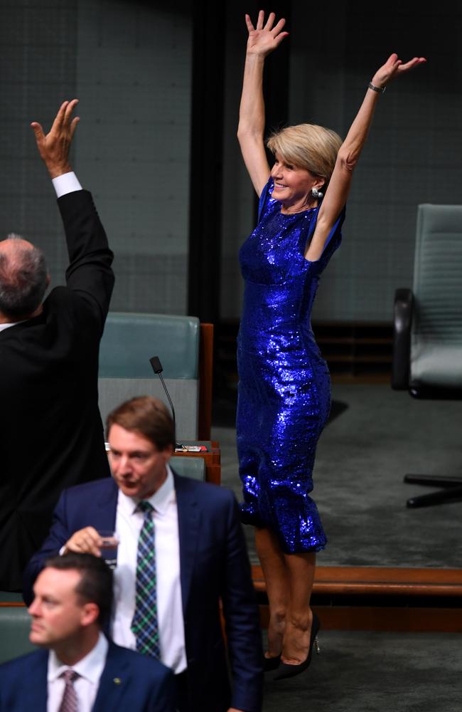 Former foreign minister Julie Bishop reacts ahead of Treasurer Josh Frydenberg handing down his first Federal Budget. Picture: AAP