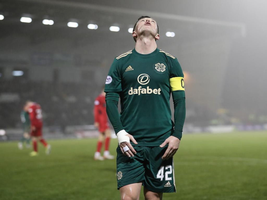 Kapten Celtic Callum McGregor dibiarkan frustrasi setelah kehilangan peluang dalam hasil imbang 0-0 timnya dengan St Mirren.  Gambar: Ian MacNicol/Getty Images