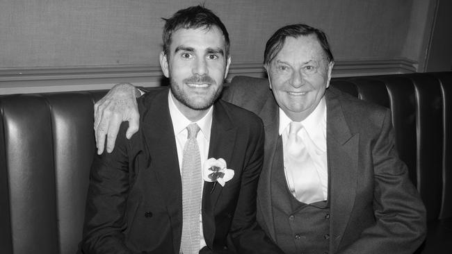 Oscar Humphries with his father Barry Humphries.