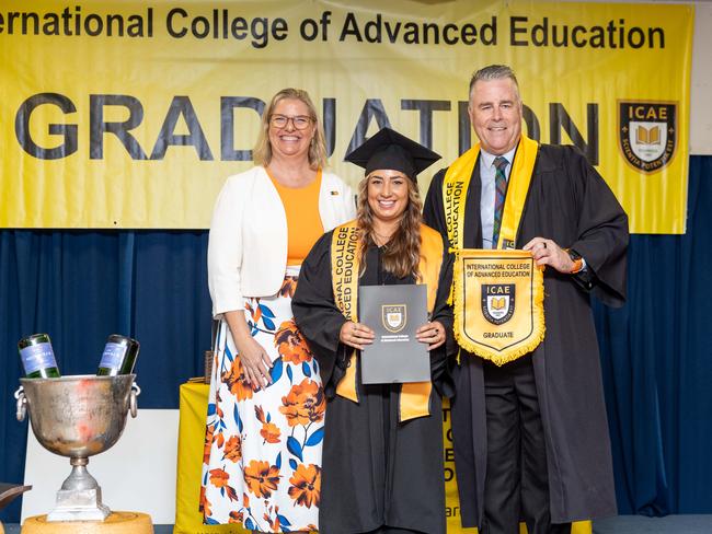 Minister Marie-Clare Boothby, Phoebe Grace Cole and Sean Mahoney Chief executive at the International College of Advanced Education Graduation, May 2025. Picture: Pema Tamang Pakhrin