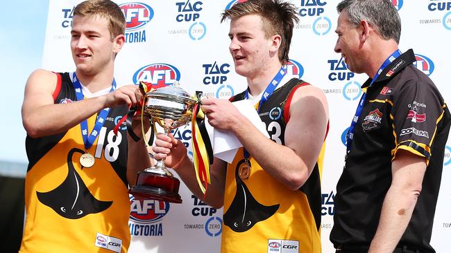 Mitchell Riordan (left) co-captained the Stingrays to the Coates league flag in 2018. (Photo by Michael Dodge/AFL Media/Getty Images)