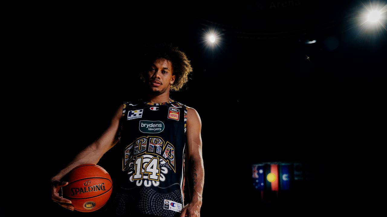 Sydney Kings guard Biwali Bayles showing off the Kings' Indigenous Round singlet. Picture: Sam Tolhurst