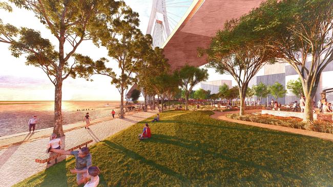 An artist’s impression of the open space flanking Blackwattle Bay.