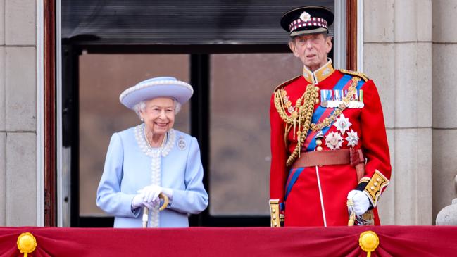 Queen Elizabeth II and Prince Edward, Duke of Kent, on the balcony of Buckingham Palace during the Trooping the Colour parade on Thursday night. Picture: Getty Images