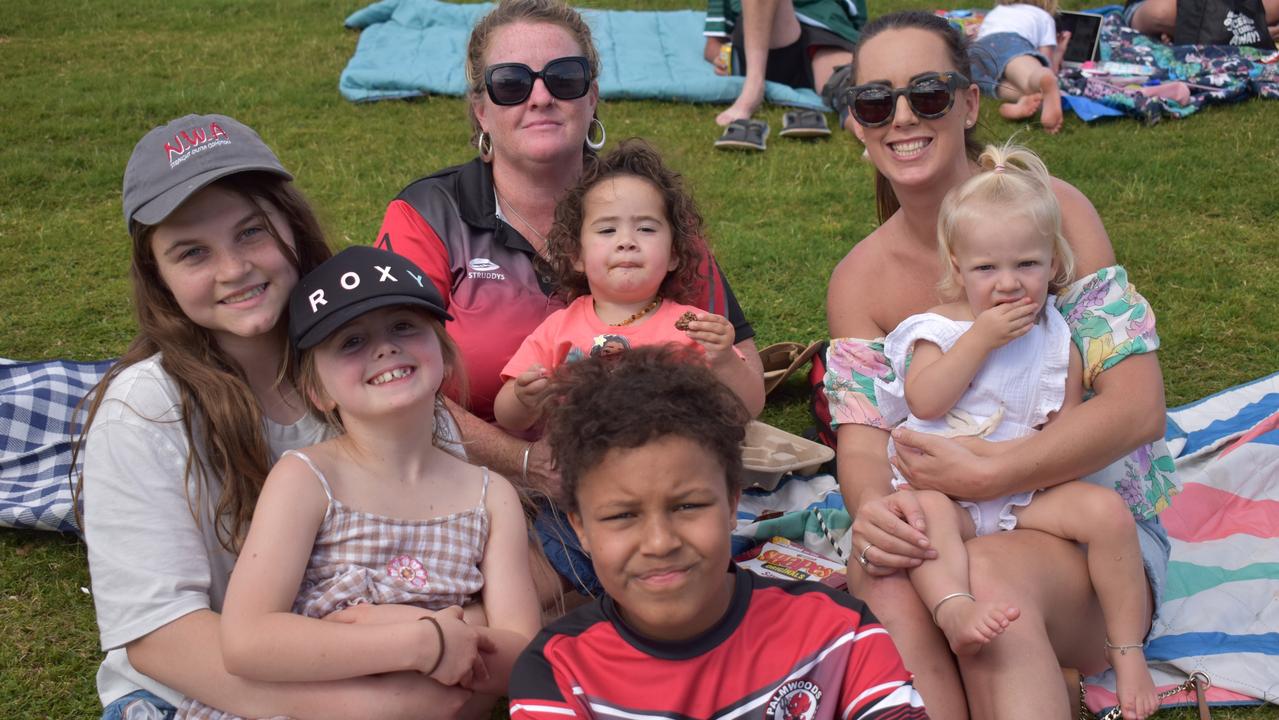 Michelle Young, Ocean Young, Rose Amira, Alba Amira, Madison Barns, Raven Young and Emerson Amira at the Sunshine Coast Rugby League Finals 2022.