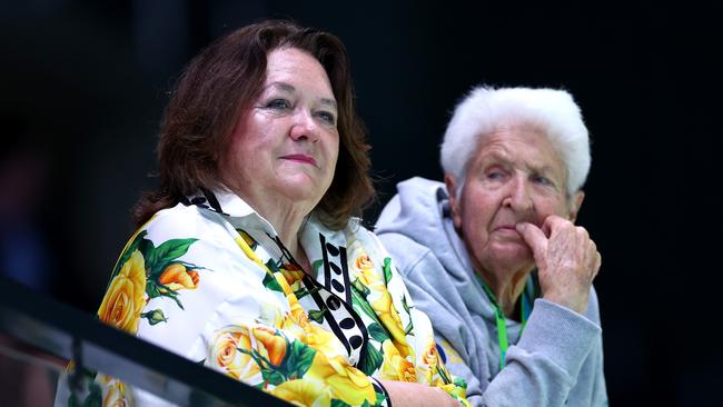 Mrs Rinehart with swimming legend Dawn Fraser at the national trials in June. Picture: Getty Images