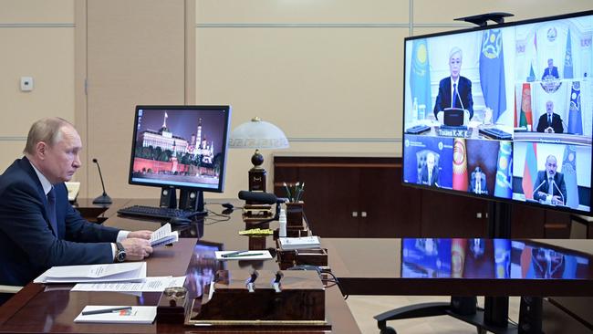 Vladimir Putin attends a video emergency meeting of the Council of the Collective Security Treaty Organisation (CSTO) focused on the situation in Kazakhstan. Picture: AFP.