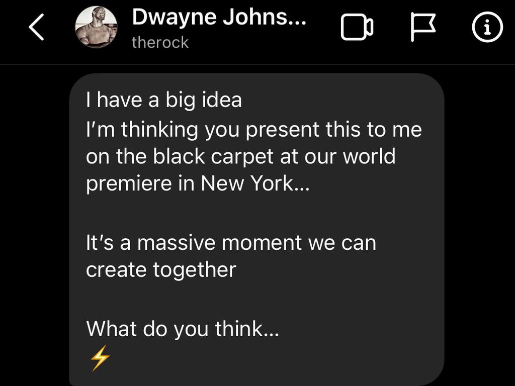 The early morning text Melbourne artist Danielle Weber received from Dwayne ‘The Rock’ Johnson. Picture: Supplied