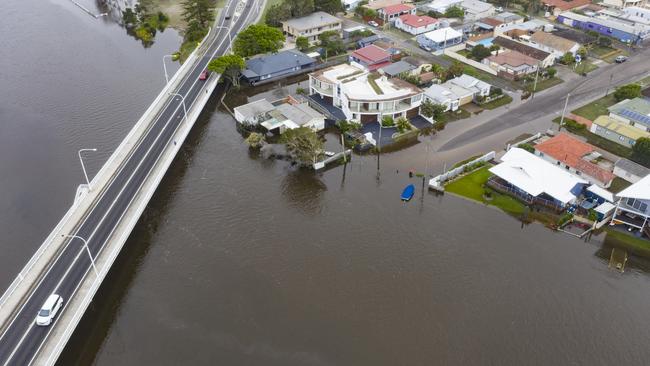 Aerial drone shots of Tuggerah Lakes/The Entrance Channel and the flooding in the region. Picture: @photoslog