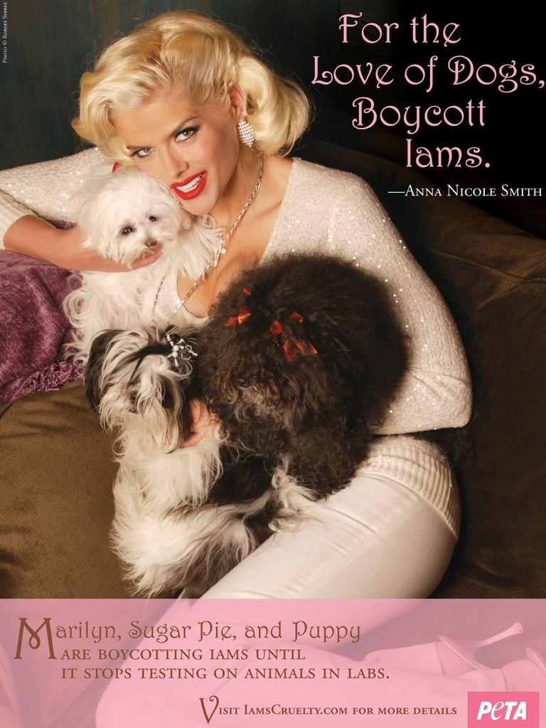 In this handout image provided by PETA, Anna Nicole Smith poses as Marliyn Monroe for a 2004 PETA ad campaign titled, Gentlemen Prefer Fur Free Blondes. Smith, the pneumatic blonde whose life played out as an extraordinary tabloid tale - Playboy centerfold, jeans model, bride of an octogenarian oil tycoon, reality-show subject, tragic mother - died Thursday, Feb. 8, 2007 after collapsing at a hotel. She was 39. (AP Photo/PETA, Robert Sebree)