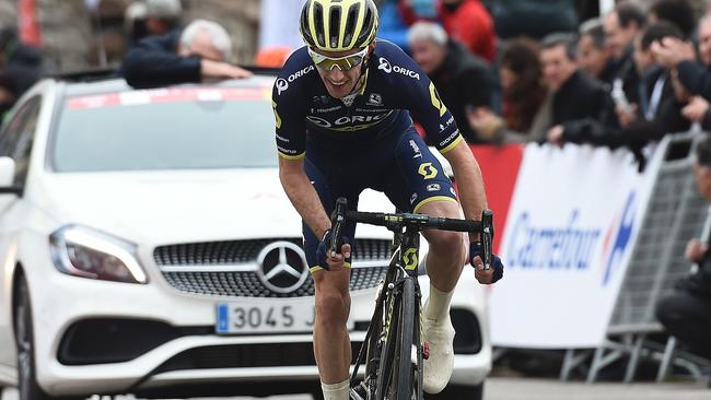 Orica-Scott’s Adam Yates lost four minutes to new race leader Nairo Quintana in the Giro d’Italia overnight after he was caught up in a crash caused by a police motorbike on the road. Picture: Josep Lago (AFP).