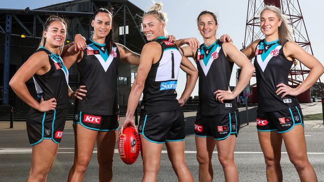 Inaugural AFLW Port Captain Erin Phillips, centre, with her leadership group Justine Mules, Gemma Houghton, Vice Captain Ange Foley and Hannah Dunn. Picture: Sarah Reed/Getty Images