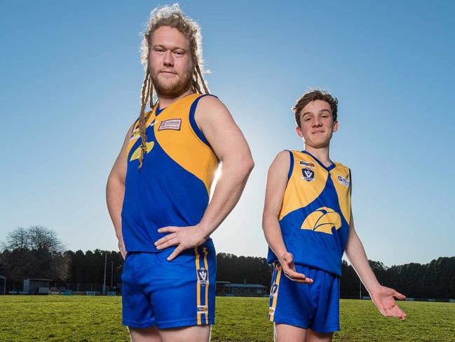 Chris gardiner, 27 and Cal Auldist, 16,  at Ellinbank Recreation Reserve, Warragul South, story about prosed shakeup of Gippsland footy club rules that would see kids U17 have to play against seniors. Picture: Jason Edwards