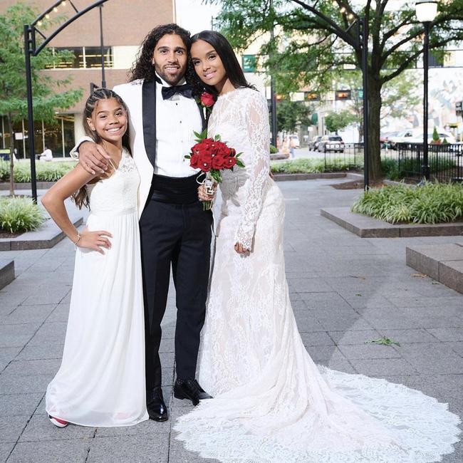 JackJumpers import Jordon Crawford. Pictured with daughter Alaynah and wife Tifanny on their wedding day. Picture: Jordon Crawford/Instagram