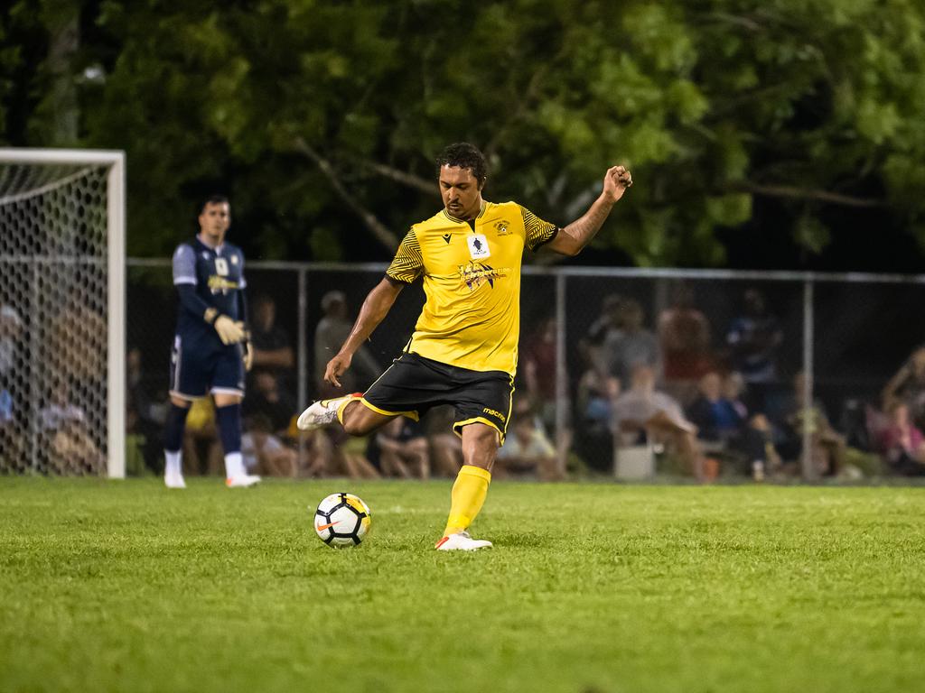 Edge Hill United's Jaedyn Petersen-Cashmere takes control of the ball in Saturdays FNQ Premier League Grand final between Edge Hill United and Leichhardt at Endeavour Park. Picture: Emily Barker