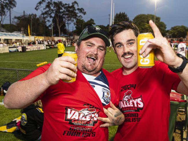 Adam Brandon (left) and Mal Grealy supporting Valleys reserve grade player Joey Brandon on TRL grand final day at Toowoomba Sports Ground, Saturday, September 14, 2024. Picture: Kevin Farmer