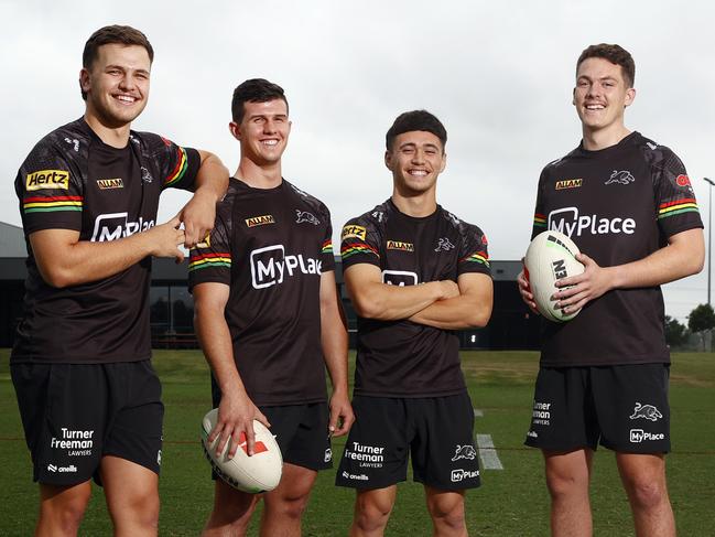 DAILY TELEGRAPH 28TH NOVEMBER 2023Pictured at Panthers Academy in Penrith are Penrith Panthers under 21Ãs , Aston Warwick, Sam Lane, Jenson Tuaoi and Cooper Ferrari, who have come through the Penrith Panthers pathways program.Picture: Richard Dobson