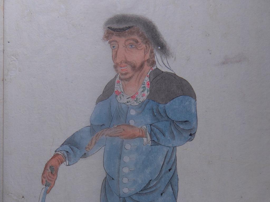 A watercolour by samurai Makita Hamaguchi showing one of the mutineers, possibly the leader William Swallow, from the ship Cyprus in 1830. Public domain image