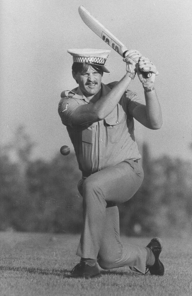 Palmerston police officer Paul Dixon shows how it's done. The 27-year-old first class constable has given the Palmerston under-16 cricket side a huge lift in only his first year as coach. Published: 14/9/1987. Page 28.