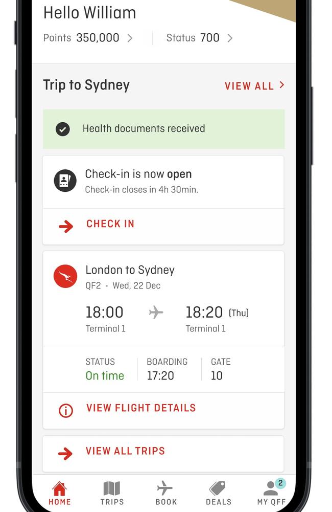 The Qantas app will give you a green tick when the appropriate health documents are in the system. Picture: Supplied