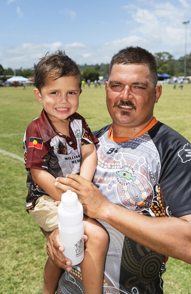 Levi Dodd with his dad Tom Dodd between games playing for the William Taylor Memorial team at the Warriors Reconciliation Carnival at Jack Martin Centre, Saturday, January 25, 2025. Picture: Kevin Farmer