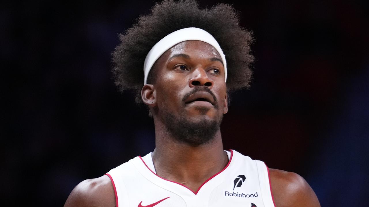 MIAMI, FLORIDA - OCTOBER 13: Jimmy Butler #22 of the Miami Heat looks on against the New Orleans Pelicans during a preseason game at Kaseya Center on October 13, 2024 in Miami, Florida. NOTE TO USER: User expressly acknowledges and agrees that, by downloading and or using this photograph, User is consenting to the terms and conditions of the Getty Images License Agreement. (Photo by Rich Storry/Getty Images)