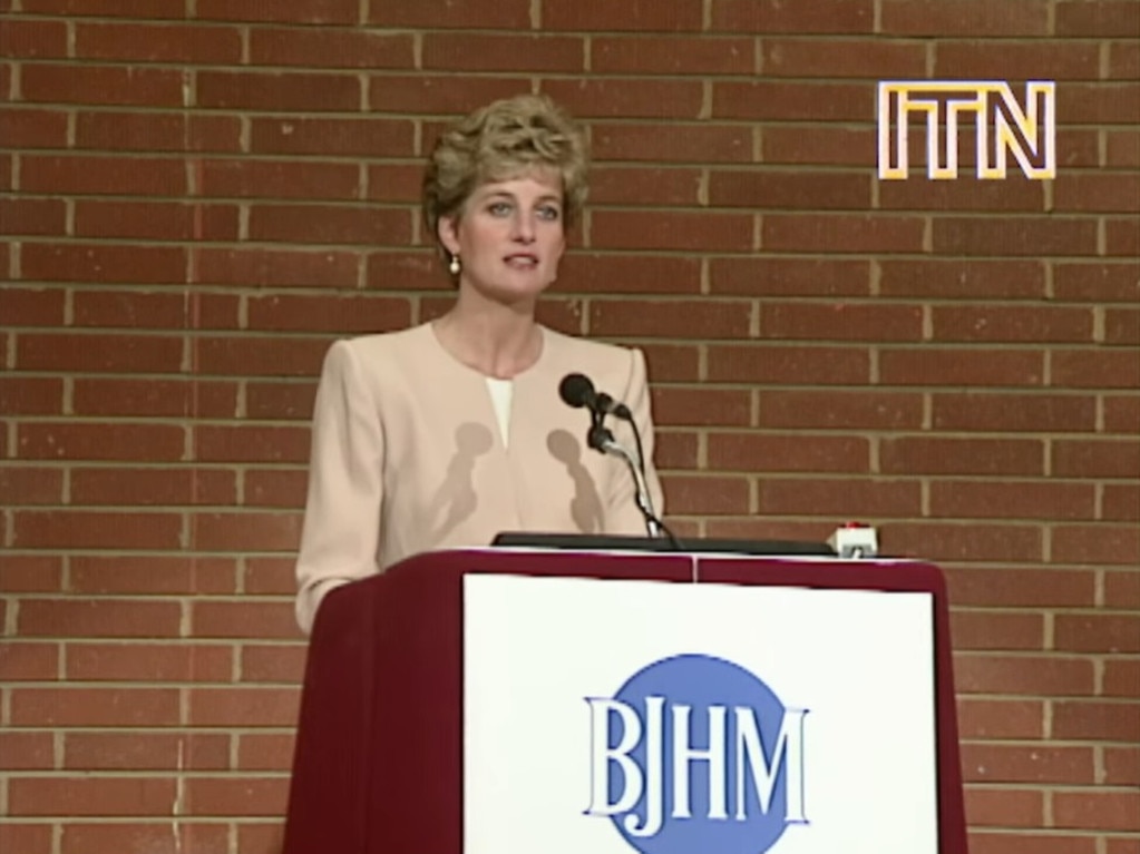 Diana, Princess of Wales, standing before the audience at Kensington Town Hall, speaking about bulimia. Picture: YouTube/ITN Archive