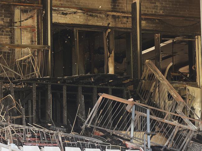 Damage is clearly visible inside the Norman Robinson Grandstand at Caulfield Racecourse where a suspicious fire started after 6am this morning.Picture: Ian Currie