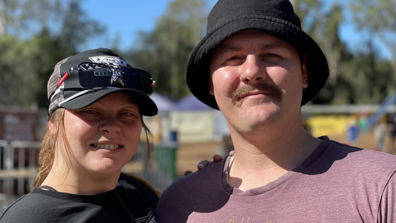 Jessie Lefeber and Kristian Watkins, from Toowoomba, enjoy day one of the 2024 Gympie Muster, at the Amamoor State Forest on August 22, 2024.